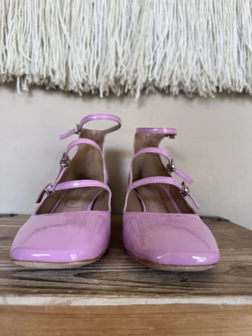 Anthropologie Vincenza Pink Patent Leather Triple Strap Mary Jane Block Heels 6
